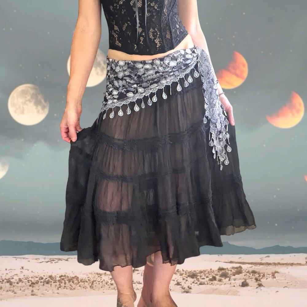 90s Black Sheer Silk Feel Midi Skirt Whimsigoth Witchy Boho Fairy
